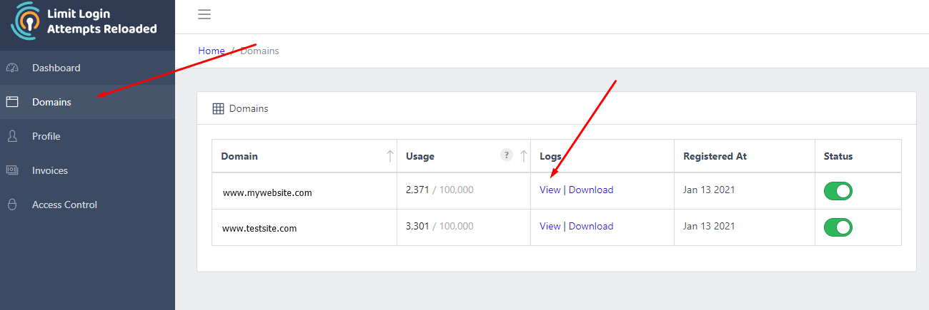 view domain logs in llar billing portal. 